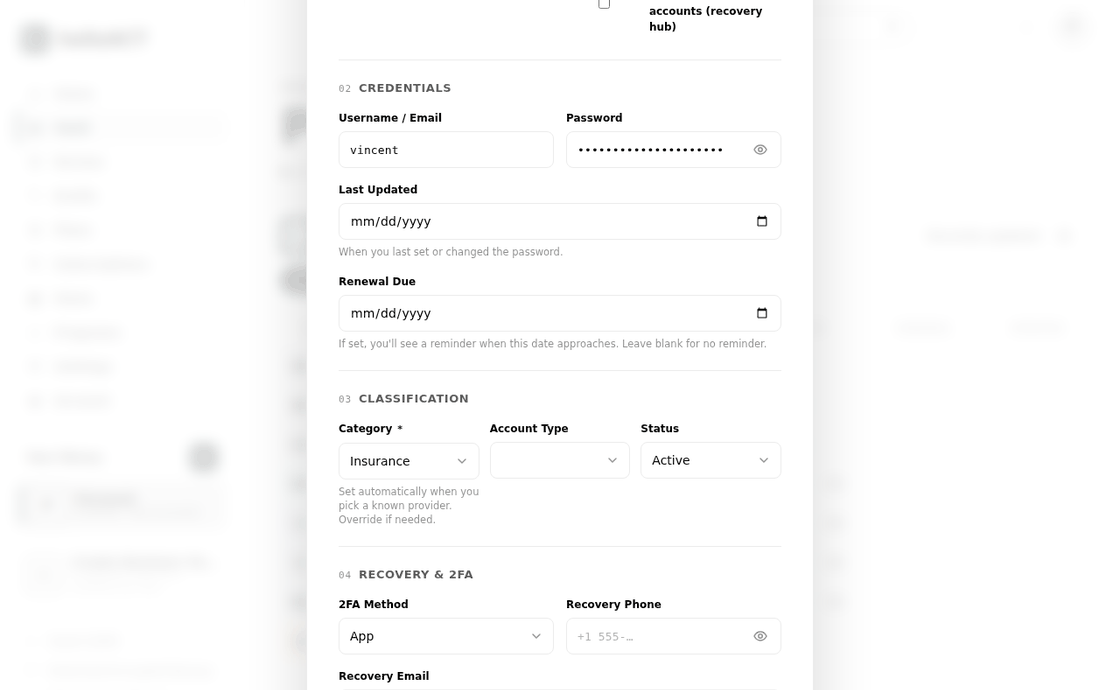 The record editor: username, masked password with a reveal control, two-factor method and masked recovery e-mail.