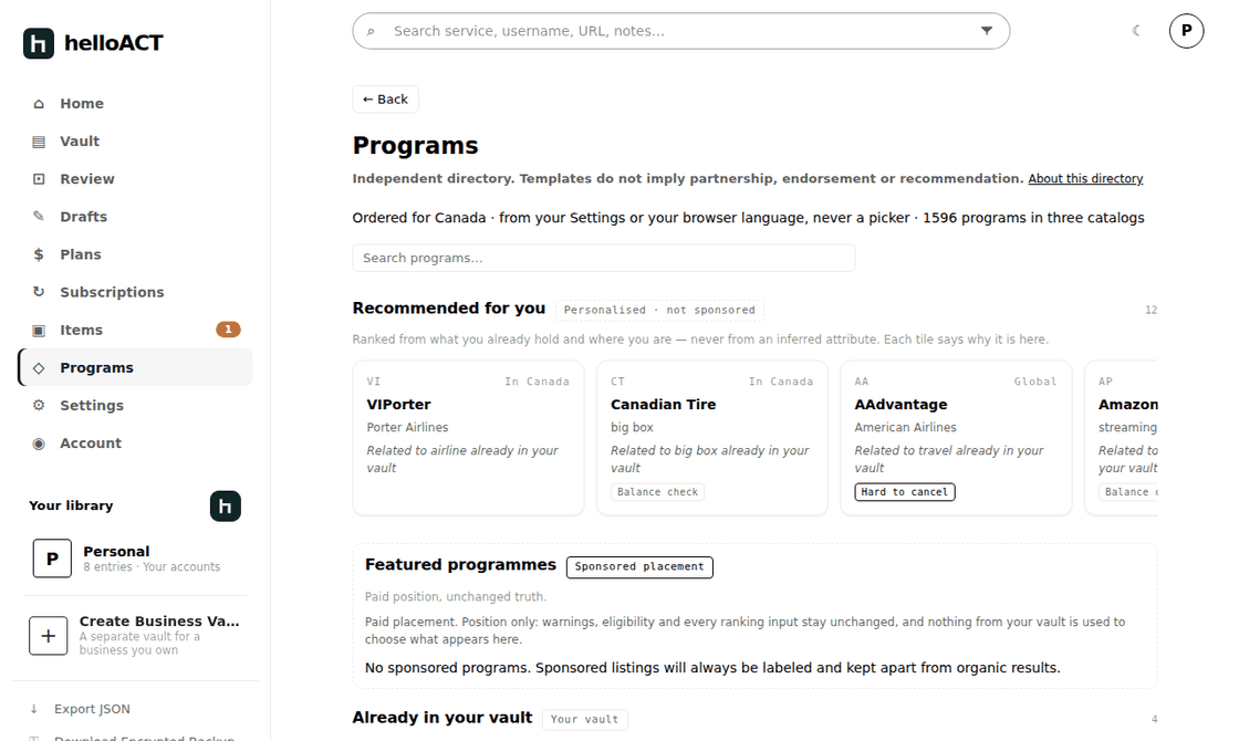 The programs directory: a recommended lane ranked from what the vault already holds, and a clearly labelled sponsored placement block.
